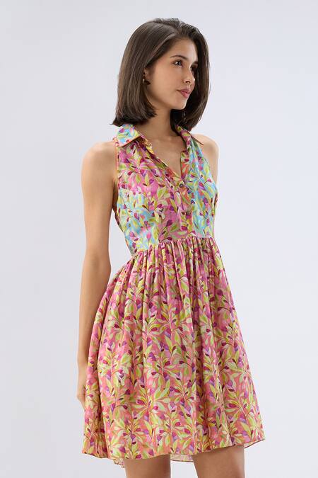 Buy_Raw & Rustic By Niti Bothra_Pink Tencel, Silk Collared Multicolor Sleeveless Floral Print Dress 