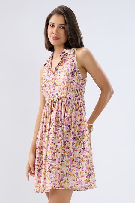 Raw & Rustic By Niti Bothra_Ivory Tencel Collared, V-neck Sleeveless Floral Print Dress _Online_at_Aza_Fashions