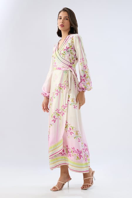 Raw & Rustic By Niti Bothra Ivory Silk, Tencel Beads, Embroidery V-neck Petunia Floral Print Wrap Dress Online at Aza Fashions Raw & Rustic By Niti Bothra_Ivory Silk, Tencel Beads, Embroidery V-neck Petunia Floral Print Wrap Dress _Online_at_Aza_Fashions