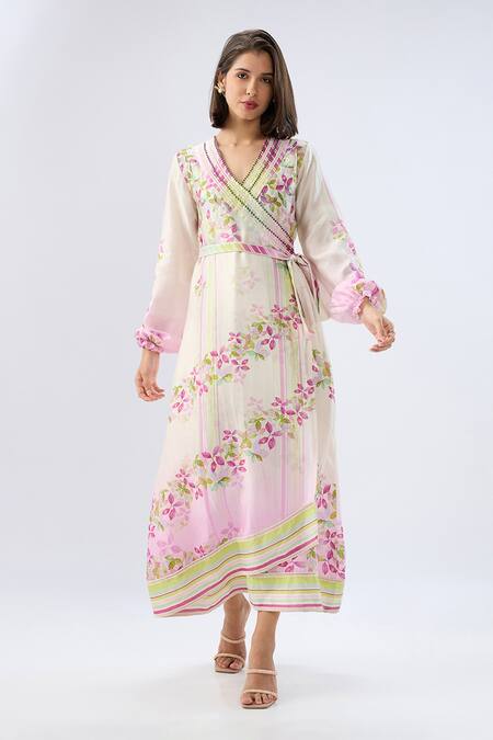 Shop Raw & Rustic By Niti Bothra Ivory Silk, Tencel Beads, Embroidery V-neck Petunia Floral Print Wrap Dress Online at Aza Fashions Shop_Raw & Rustic By Niti Bothra_Ivory Silk, Tencel Beads, Embroidery V-neck Petunia Floral Print Wrap Dress _Online_at_Aza_Fashions