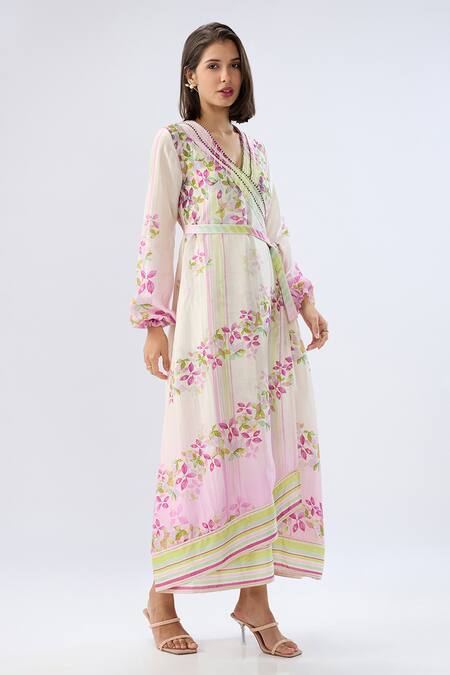 Raw & Rustic By Niti Bothra Ivory Silk, Tencel Beads, Embroidery V-neck Petunia Floral Print Wrap Dress at Aza Fashions Raw & Rustic By Niti Bothra_Ivory Silk, Tencel Beads, Embroidery V-neck Petunia Floral Print Wrap Dress _at_Aza_Fashions