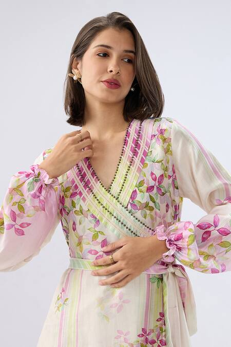 Buy Raw & Rustic By Niti Bothra Ivory Silk, Tencel Beads, Embroidery V-neck Petunia Floral Print Wrap Dress Buy_Raw & Rustic By Niti Bothra_Ivory Silk, Tencel Beads, Embroidery V-neck Petunia Floral Print Wrap Dress