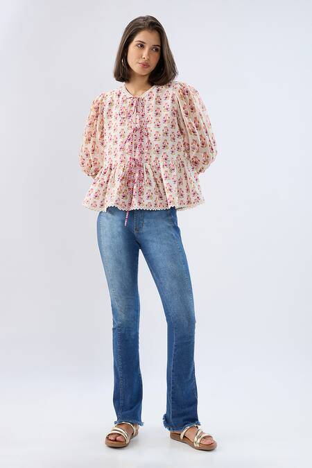Buy_Raw & Rustic By Niti Bothra_Ivory Linen, Cotton Lace Round Neck Floral Print Peplum Top _Online_at_Aza_Fashions