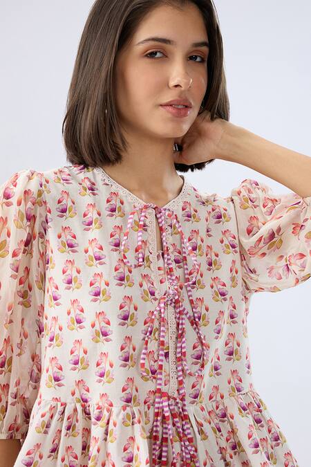 Raw & Rustic By Niti Bothra_Ivory Linen, Cotton Lace Round Neck Floral Print Peplum Top _at_Aza_Fashions