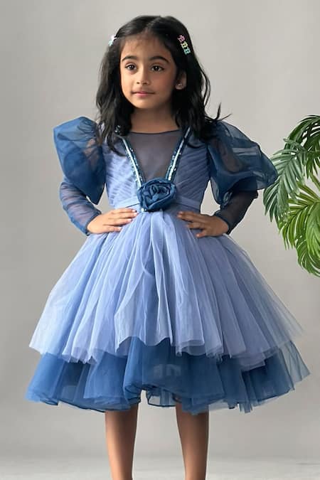 Merge Design_Blue Net Sequins, Fabric Flowers Puff Sleeves And Rosette Layered Dress _Online_at_Aza_Fashions