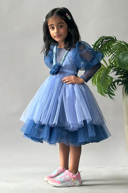Buy_Merge Design_Blue Net Sequins, Fabric Flowers Puff Sleeves And Rosette Layered Dress _Online_at_Aza_Fashions