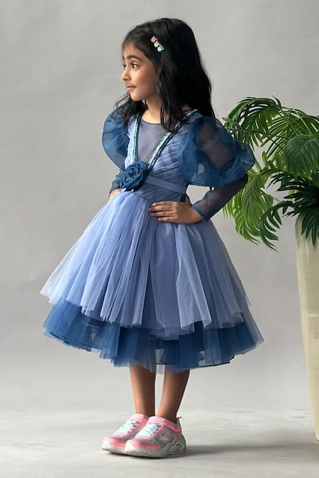 Shop_Merge Design_Blue Net Sequins, Fabric Flowers Puff Sleeves And Rosette Layered Dress _Online_at_Aza_Fashions