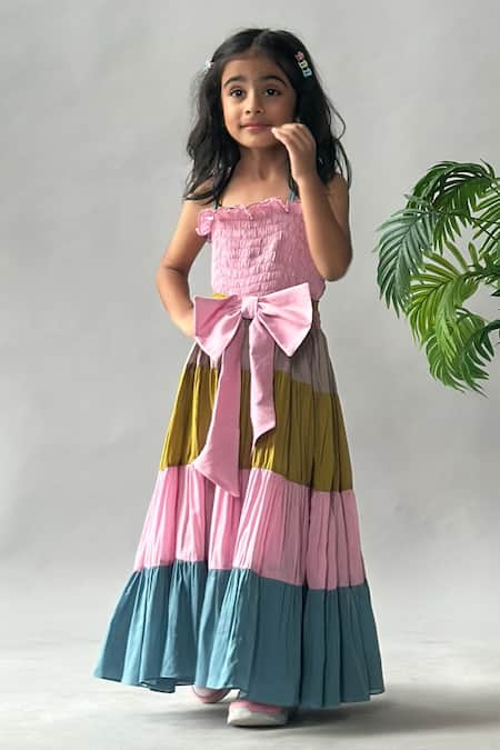 Merge Design_Multi Color Cotton Bows, Ruffles Smocked Bodice Tiered Maxi Dress _Online_at_Aza_Fashions