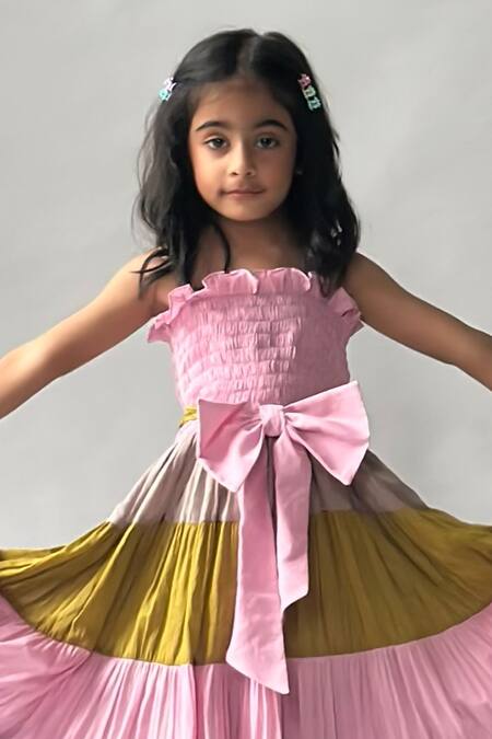 Buy_Merge Design_Multi Color Cotton Bows, Ruffles Smocked Bodice Tiered Maxi Dress _Online_at_Aza_Fashions