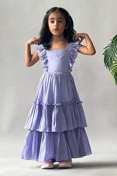 Merge Design_Purple Cotton Embroidery Back Tie-up Ruffled Tiered Dress _Online_at_Aza_Fashions