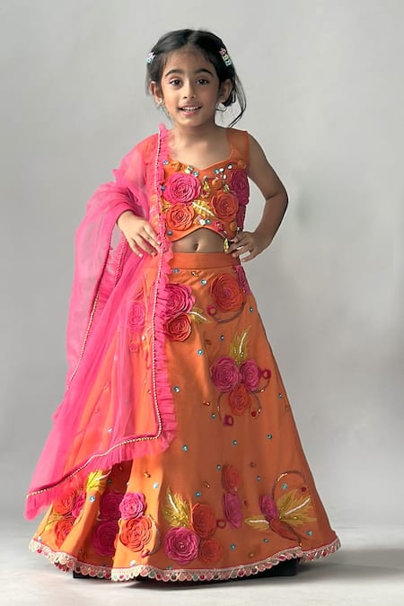 Merge Design Orange Satin, Organza Applique, Stones, Beads, Fabric Floral Lehenga Set Online at Aza Fashions Merge Design_Orange Satin, Organza Applique, Stones, Beads, Fabric Floral Lehenga Set _Online_at_Aza_Fashions