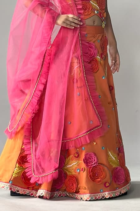 Shop Merge Design Orange Satin, Organza Applique, Stones, Beads, Fabric Floral Lehenga Set Online at Aza Fashions Shop_Merge Design_Orange Satin, Organza Applique, Stones, Beads, Fabric Floral Lehenga Set _Online_at_Aza_Fashions