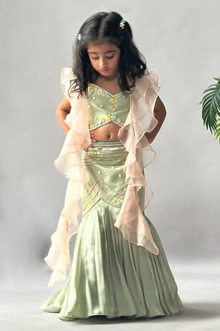 Merge Design Pleated Lehenga Ruffled Dupatta Set 