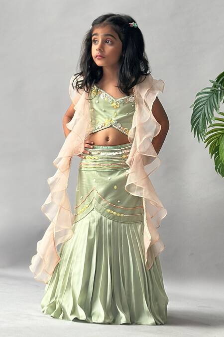 Merge Design_Mint Satin, Organza Sequins, Embroidery, Pleated Lehenga Ruffled Dupatta Set _Online_at_Aza_Fashions