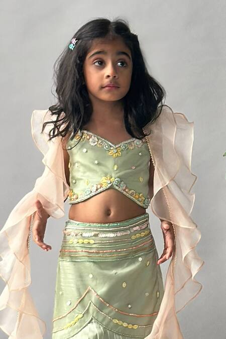 Buy_Merge Design_Mint Satin, Organza Sequins, Embroidery, Pleated Lehenga Ruffled Dupatta Set _Online_at_Aza_Fashions