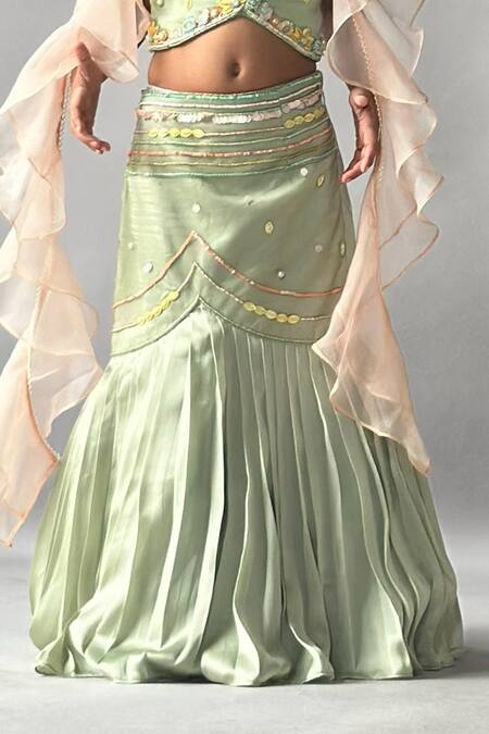 Shop_Merge Design_Mint Satin, Organza Sequins, Embroidery, Pleated Lehenga Ruffled Dupatta Set _Online_at_Aza_Fashions