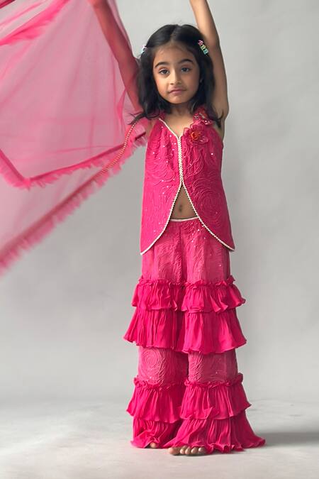 Merge Design_Fuchsia Georgette Embroidery, Sequins, Ruffles Embellished Kurta Sharara Set _Online_at_Aza_Fashions