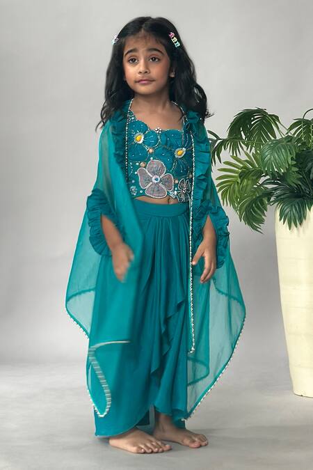Buy_Merge Design_Blue Chiffon Embroidery, Beads Ruffled Shrug And Draped Skirt _Online_at_Aza_Fashions