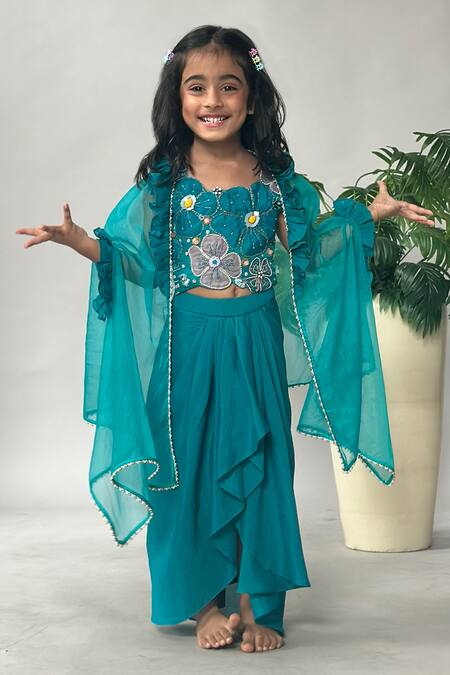 Shop_Merge Design_Blue Chiffon Embroidery, Beads Ruffled Shrug And Draped Skirt _Online_at_Aza_Fashions