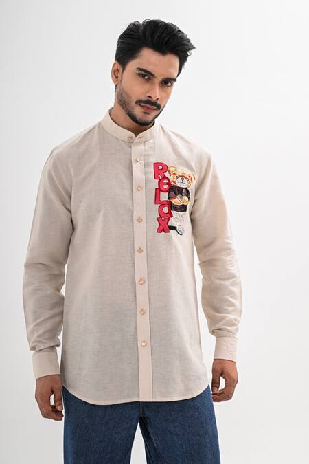 Buy Kalpana Naik Beige Linen Embroidery Bear Hand Shirt Online at Aza Fashions Buy_Kalpana Naik_Beige Linen Embroidery Bear Hand Shirt _Online_at_Aza_Fashions