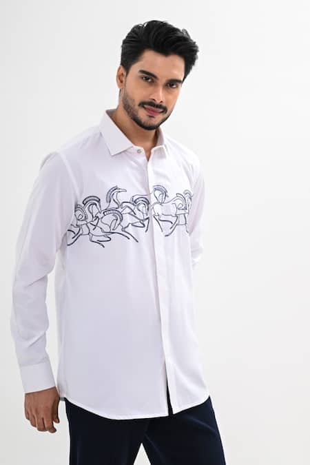Kalpana Naik_White Cotton Satin Embroidery Trotting Tales Hand Shirt _Online_at_Aza_Fashions