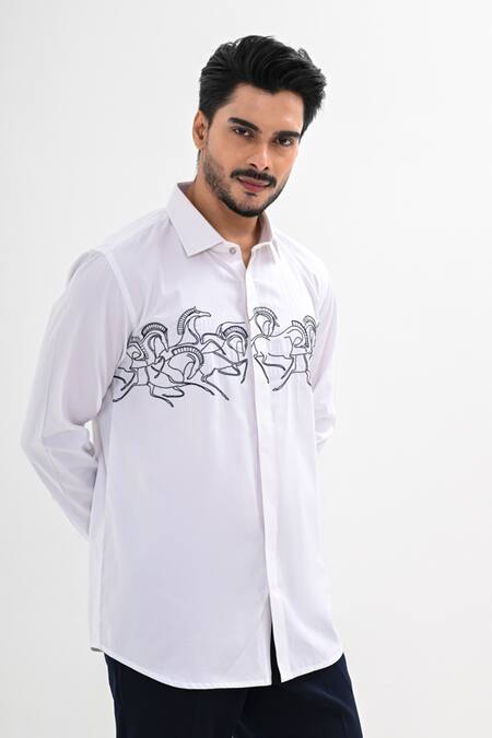 Buy_Kalpana Naik_White Cotton Satin Embroidery Trotting Tales Hand Shirt _Online_at_Aza_Fashions