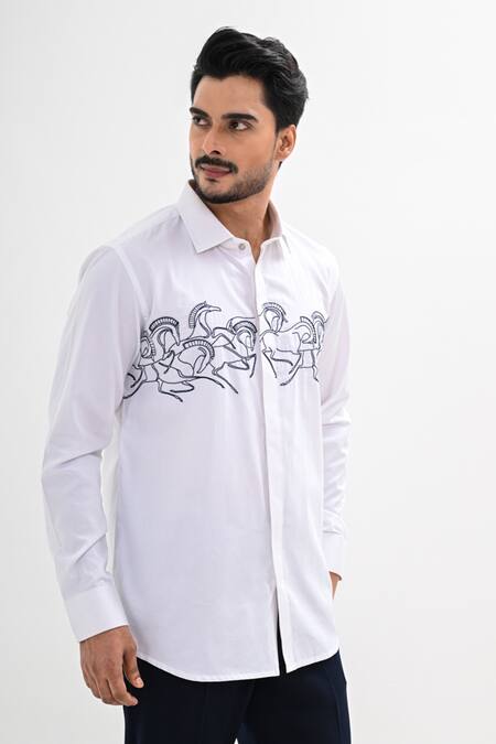 Kalpana Naik_White Cotton Satin Embroidery Trotting Tales Hand Shirt _at_Aza_Fashions