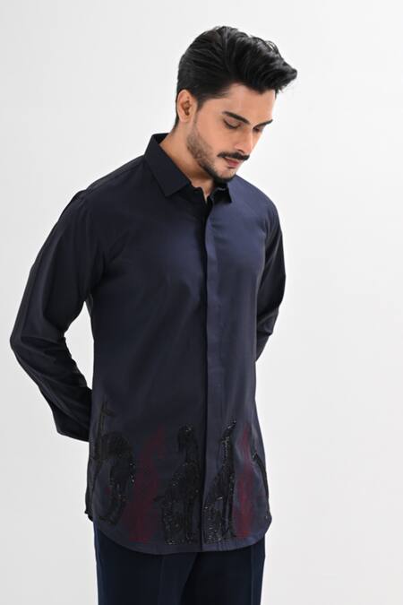 Kalpana Naik Navy Cotton Satin Embroidery, Beads Nocturnal Hand Shirt Online at Aza Fashions Kalpana Naik_Navy Cotton Satin Embroidery, Beads Nocturnal Hand Shirt _Online_at_Aza_Fashions