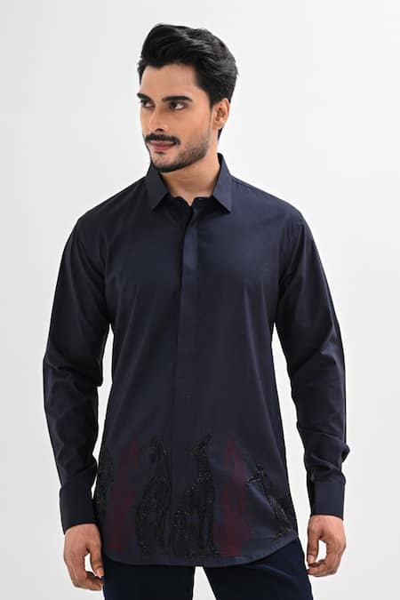 Shop Kalpana Naik Navy Cotton Satin Embroidery, Beads Nocturnal Hand Shirt Online at Aza Fashions Shop_Kalpana Naik_Navy Cotton Satin Embroidery, Beads Nocturnal Hand Shirt _Online_at_Aza_Fashions