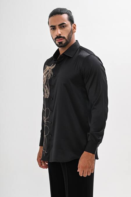 Kalpana Naik Black Cotton Satin Embroidery Golden Stallion Hand Shirt Online at Aza Fashions Kalpana Naik_Black Cotton Satin Embroidery Golden Stallion Hand Shirt _Online_at_Aza_Fashions