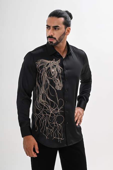 Buy Kalpana Naik Black Cotton Satin Embroidery Golden Stallion Hand Shirt Online at Aza Fashions Buy_Kalpana Naik_Black Cotton Satin Embroidery Golden Stallion Hand Shirt _Online_at_Aza_Fashions