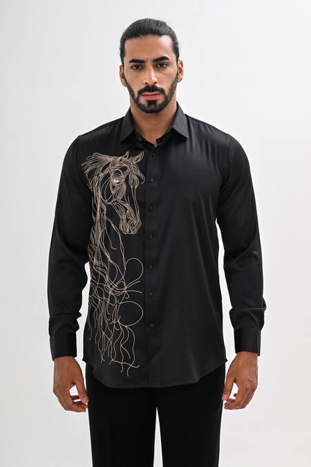 Shop Kalpana Naik Black Cotton Satin Embroidery Golden Stallion Hand Shirt Online at Aza Fashions Shop_Kalpana Naik_Black Cotton Satin Embroidery Golden Stallion Hand Shirt _Online_at_Aza_Fashions
