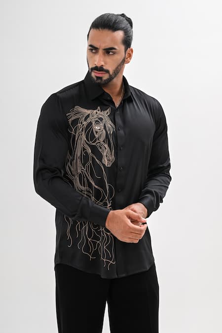 Kalpana Naik Black Cotton Satin Embroidery Golden Stallion Hand Shirt