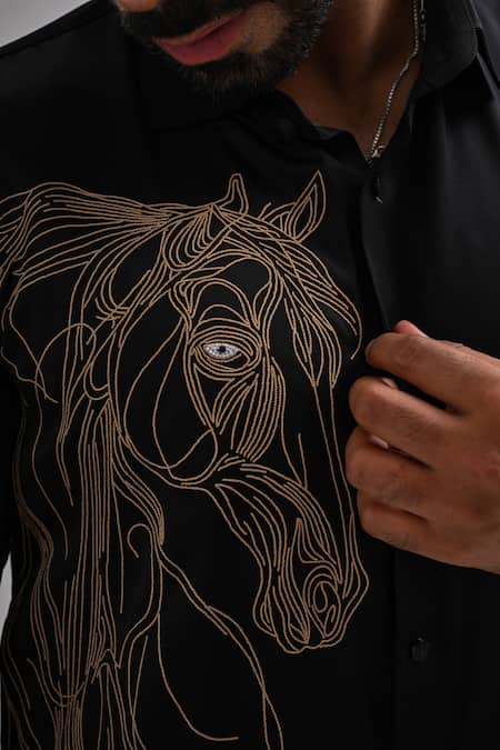 Kalpana Naik Black Cotton Satin Embroidery Golden Stallion Hand Shirt at Aza Fashions Kalpana Naik_Black Cotton Satin Embroidery Golden Stallion Hand Shirt _at_Aza_Fashions
