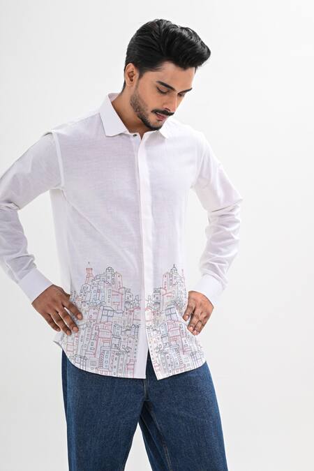 Shop Kalpana Naik White Linen Embroidery Threaded Homes Hand Shirt Online at Aza Fashions Shop_Kalpana Naik_White Linen Embroidery Threaded Homes Hand Shirt _Online_at_Aza_Fashions