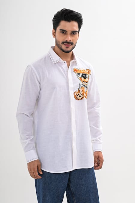 Shop Kalpana Naik White Linen Embroidery Teddy Buddy Hand Shirt Online at Aza Fashions Shop_Kalpana Naik_White Linen Embroidery Teddy Buddy Hand Shirt _Online_at_Aza_Fashions