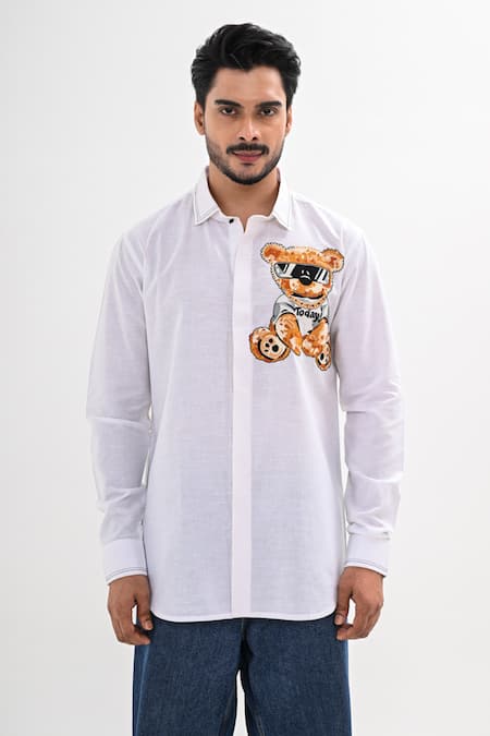 Kalpana Naik White Linen Embroidery Teddy Buddy Hand Shirt at Aza Fashions Kalpana Naik_White Linen Embroidery Teddy Buddy Hand Shirt _at_Aza_Fashions