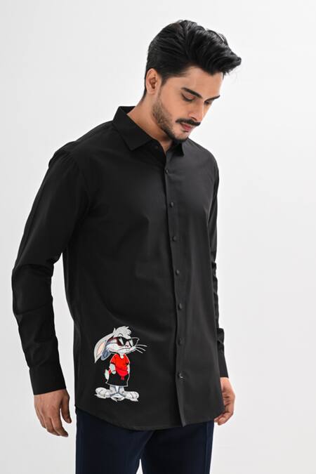 Kalpana Naik Black Cotton Satin Embroidery Bunny Tales Hand Shirt Online at Aza Fashions Kalpana Naik_Black Cotton Satin Embroidery Bunny Tales Hand Shirt _Online_at_Aza_Fashions