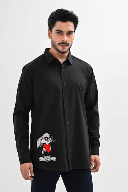 Kalpana Naik Black Cotton Satin Embroidery Bunny Tales Hand Shirt