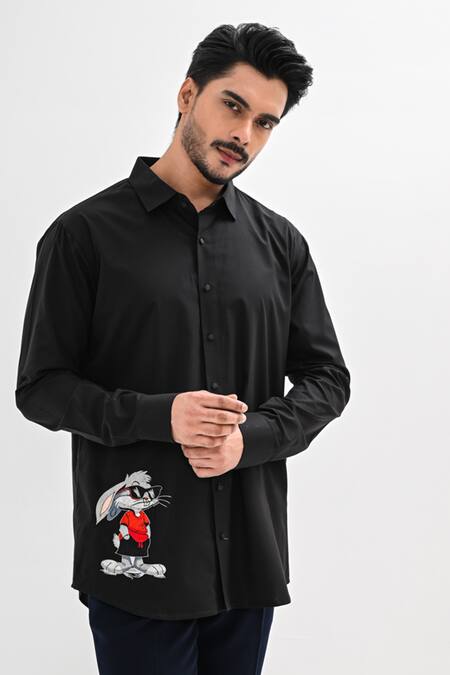 Shop Kalpana Naik Black Cotton Satin Embroidery Bunny Tales Hand Shirt Online at Aza Fashions Shop_Kalpana Naik_Black Cotton Satin Embroidery Bunny Tales Hand Shirt _Online_at_Aza_Fashions