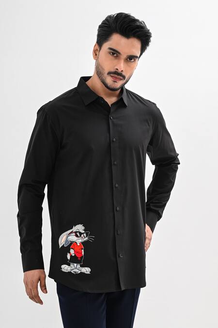 Kalpana Naik Black Cotton Satin Embroidery Bunny Tales Hand Shirt at Aza Fashions Kalpana Naik_Black Cotton Satin Embroidery Bunny Tales Hand Shirt _at_Aza_Fashions