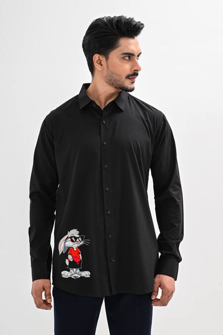 Shop Kalpana Naik Black Cotton Satin Embroidery Bunny Tales Hand Shirt Shop_Kalpana Naik_Black Cotton Satin Embroidery Bunny Tales Hand Shirt