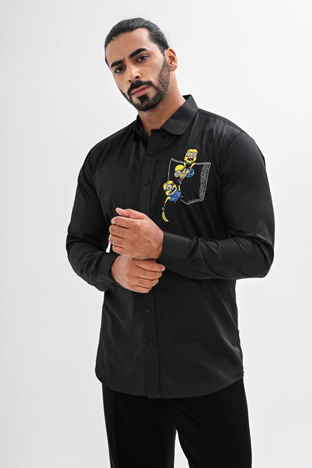 Kalpana Naik Black Cotton Satin Embroidery Tiny Tribe Hand Shirt Online at Aza Fashions Kalpana Naik_Black Cotton Satin Embroidery Tiny Tribe Hand Shirt _Online_at_Aza_Fashions