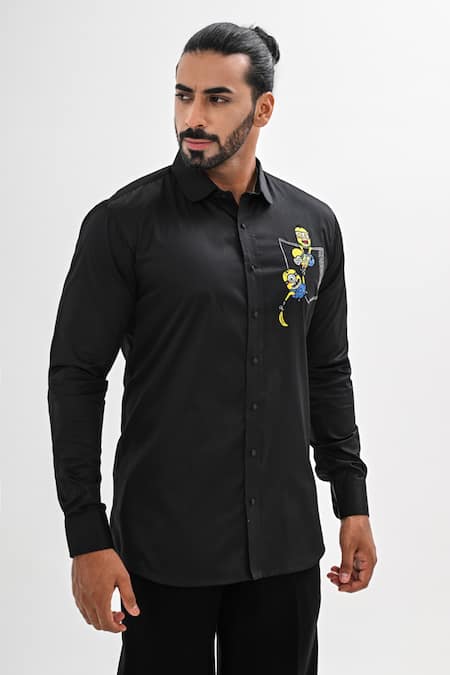 Kalpana Naik Black Cotton Satin Embroidery Tiny Tribe Hand Shirt at Aza Fashions Kalpana Naik_Black Cotton Satin Embroidery Tiny Tribe Hand Shirt _at_Aza_Fashions