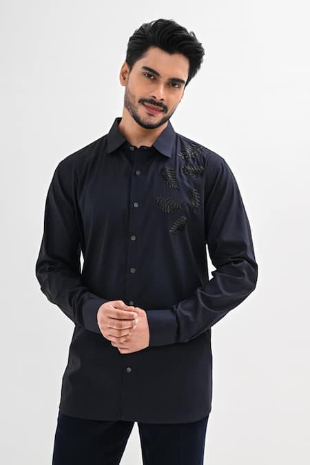 Buy_Kalpana Naik_Navy Cotton Satin Embroidery, Beads The Blue Ferns Hand Shirt _Online_at_Aza_Fashions