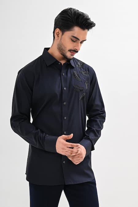 Shop_Kalpana Naik_Navy Cotton Satin Embroidery, Beads The Blue Ferns Hand Shirt _Online_at_Aza_Fashions