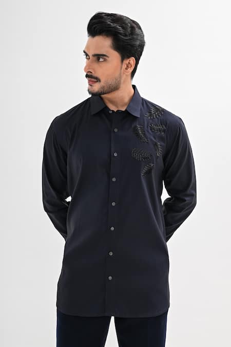 Kalpana Naik_Navy Cotton Satin Embroidery, Beads The Blue Ferns Hand Shirt _at_Aza_Fashions