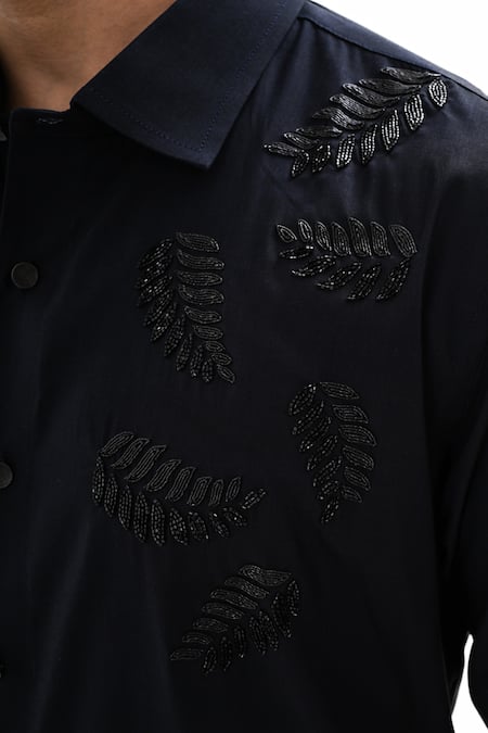 Buy_Kalpana Naik_Navy Cotton Satin Embroidery, Beads The Blue Ferns Hand Shirt 