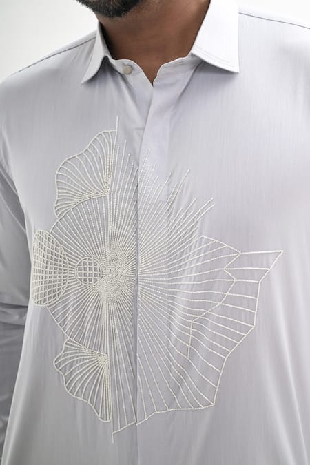 Kalpana Naik_Gray Cotton Satin Embroidery Grey Mist Hand Shirt _Online_at_Aza_Fashions
