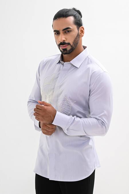 Shop_Kalpana Naik_Gray Cotton Satin Embroidery Grey Mist Hand Shirt _Online_at_Aza_Fashions